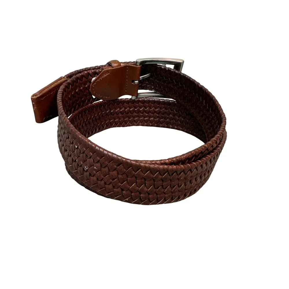 Mens Brown Woven Braided Leather Belt Size 36 Silver Buckle Casual Business